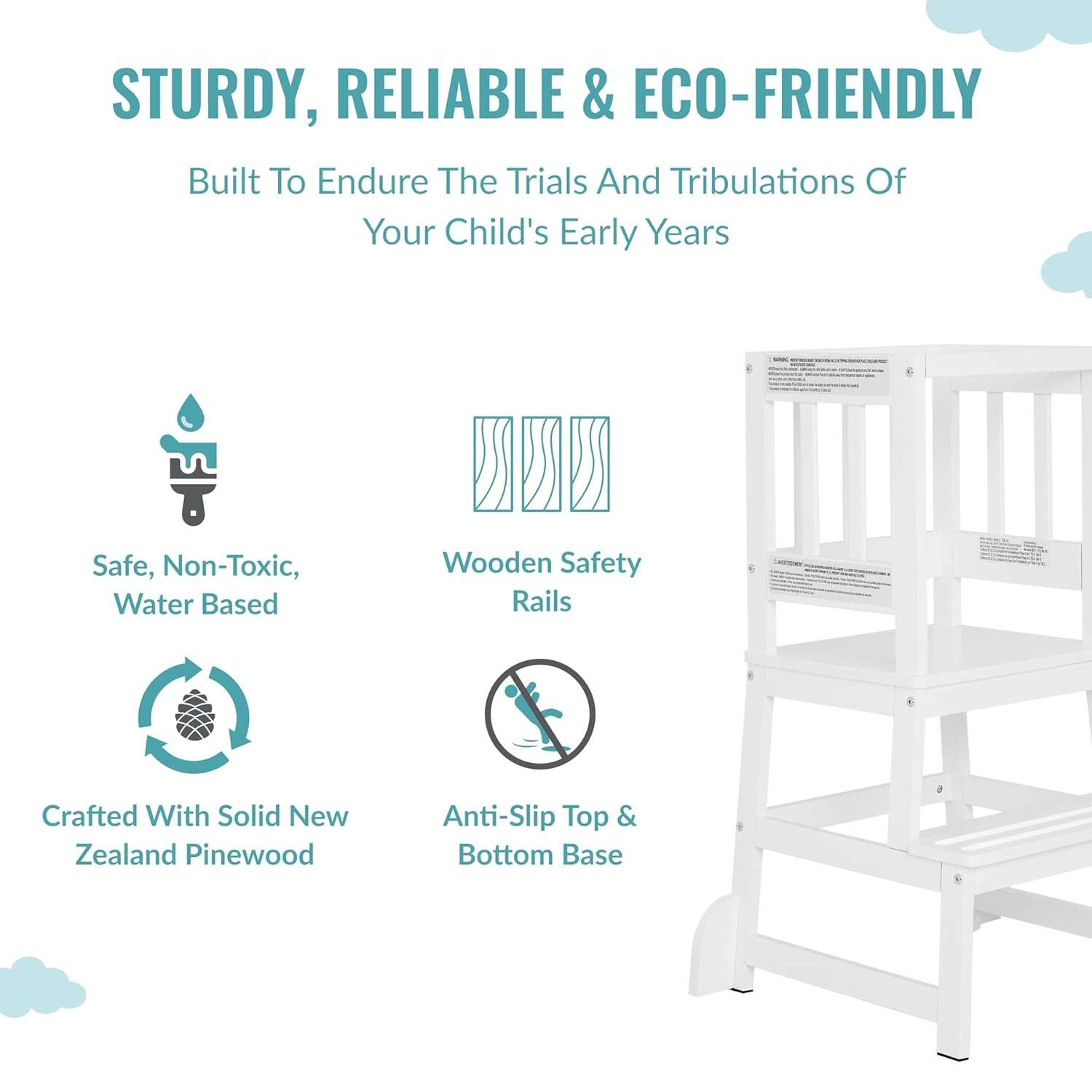 2-in-1 Funtastic Tower and Step Stool, Easy to Assemble, Multi-Purpose Stool with Non-Toxic Paint Finish, Made of Solid Pinewood, White - 4