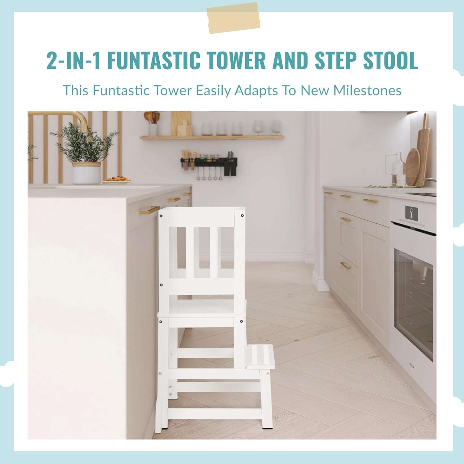 2-in-1 Funtastic Tower and Step Stool, Easy to Assemble, Multi-Purpose Stool with Non-Toxic Paint Finish, Made of Solid Pinewood, White - 6