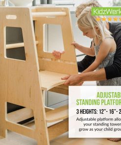 Child Standing Tower Kids Kitchen Step Stool Toddler Wood Stepping Stool - Children's Montessori Stool - Adjustable Platform, Natural Wood - 4