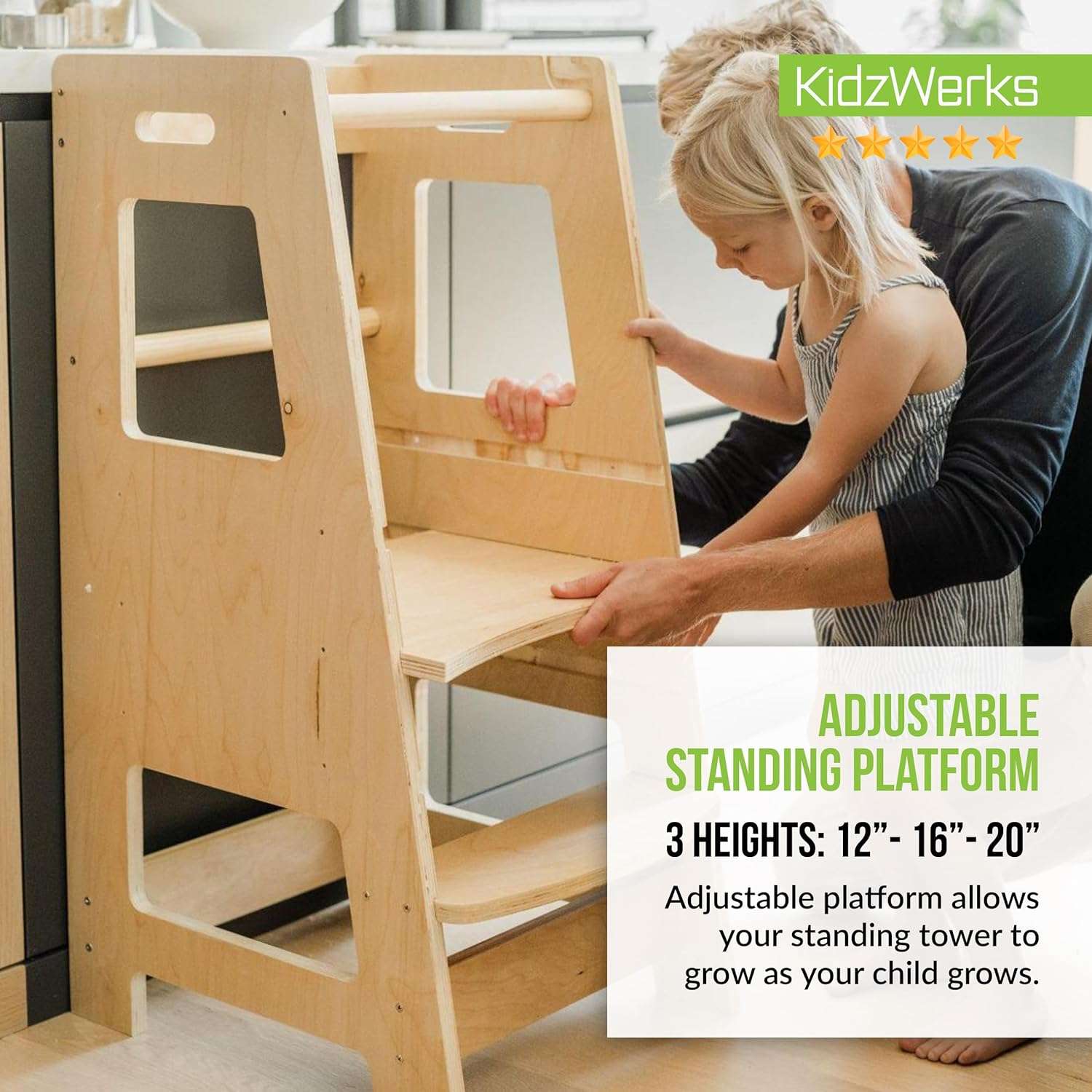 Child Standing Tower Kids Kitchen Step Stool Toddler Wood Stepping Stool - Children's Montessori Stool - Adjustable Platform, Natural Wood - 4