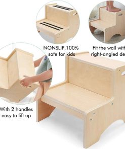 HAJACK Step Stool for Kids, Wood Two Step Children's Stool with Bonus Safety Non-Slip Mats and Handles, Bathroom Potty Stool& Kitchen Step Stool for Home Use - 2