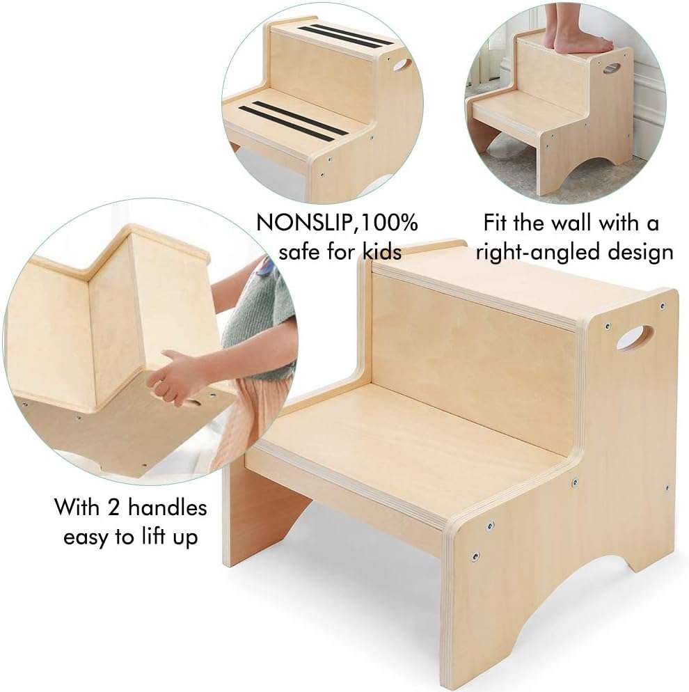 HAJACK Step Stool for Kids, Wood Two Step Children's Stool with Bonus Safety Non-Slip Mats and Handles, Bathroom Potty Stool& Kitchen Step Stool for Home Use - 2