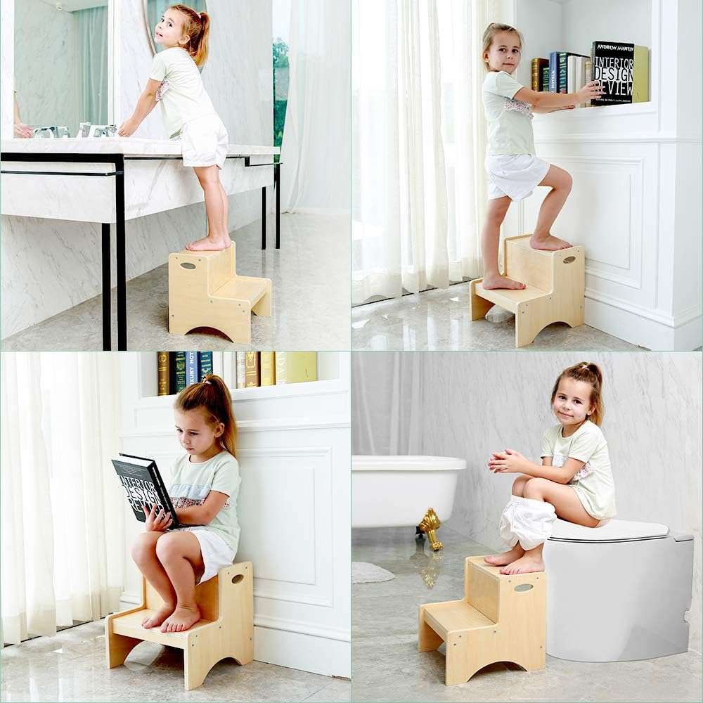 HAJACK Step Stool for Kids, Wood Two Step Children's Stool with Bonus Safety Non-Slip Mats and Handles, Bathroom Potty Stool& Kitchen Step Stool for Home Use - 3