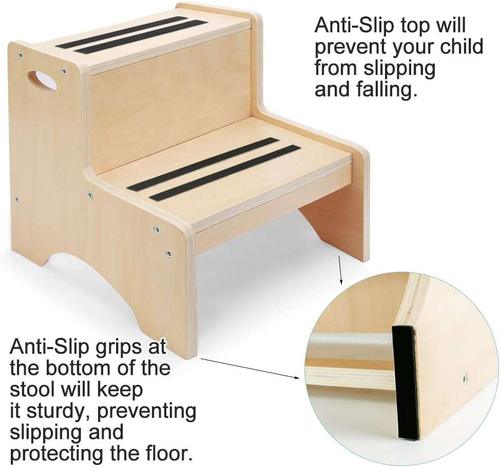 HAJACK Step Stool for Kids, Wood Two Step Children's Stool with Bonus Safety Non-Slip Mats and Handles, Bathroom Potty Stool& Kitchen Step Stool for Home Use - 4