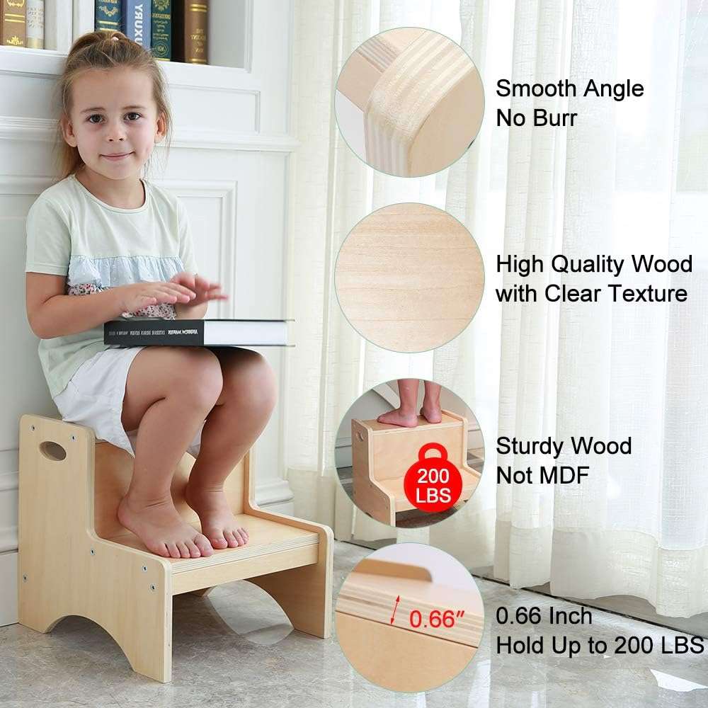 HAJACK Step Stool for Kids, Wood Two Step Children's Stool with Bonus Safety Non-Slip Mats and Handles, Bathroom Potty Stool& Kitchen Step Stool for Home Use - 5