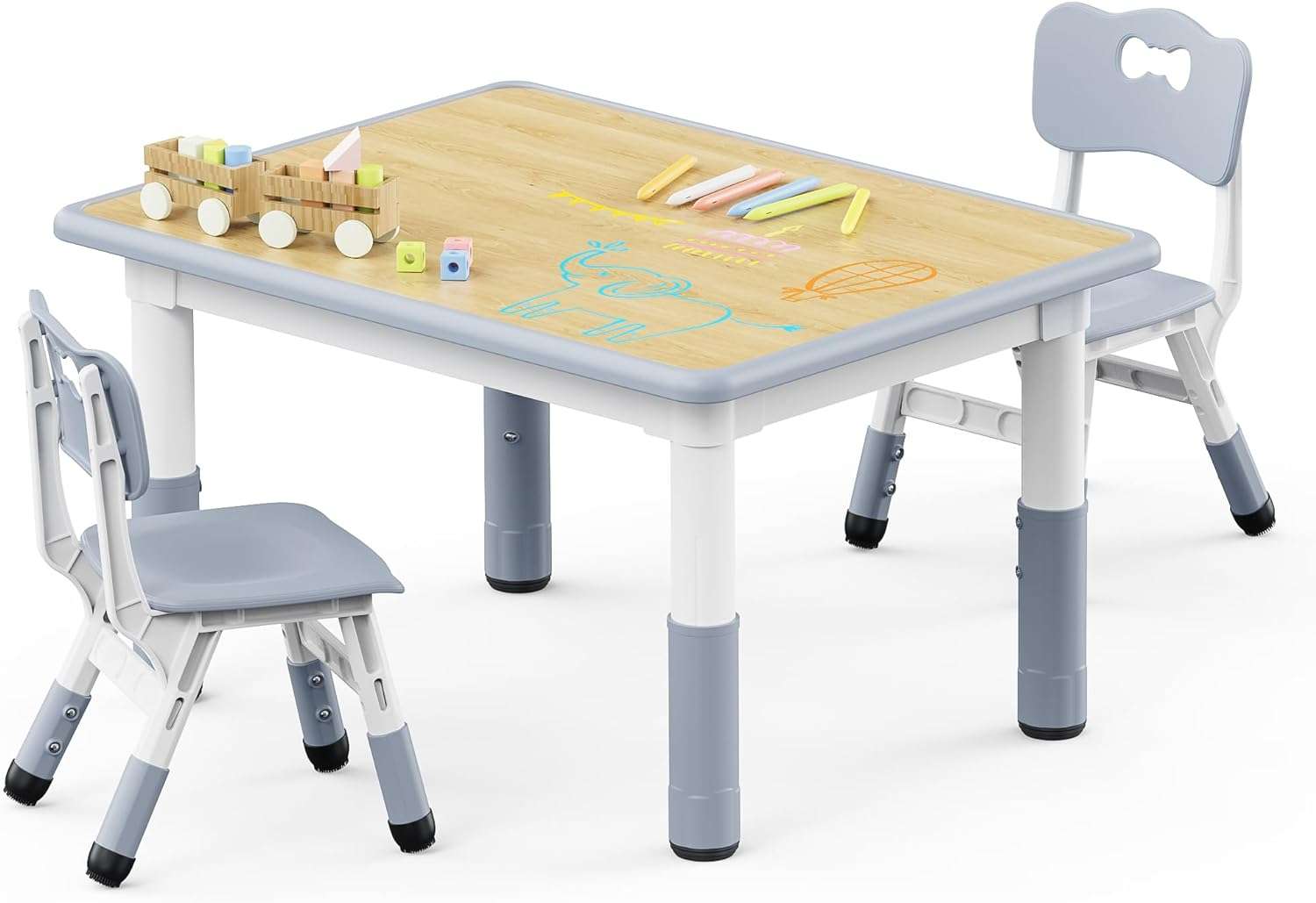 Kids Table and 2 Chairs Set, Height Adjustable Toddler Table and Chair Set, Graffiti Desktop, Classroom-Daycare-Home, Children Multi-Activity Table for Ages 2-8 - 1