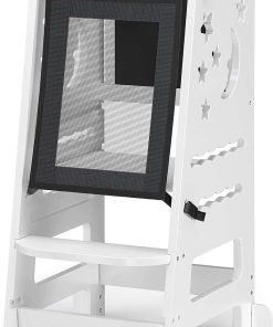 TOETOL Bamboo Toddler Kitchen Stool for Kids Step Stool - White Little Helper Tower Adjustable Height with Learning Black & White Activity Board - 1