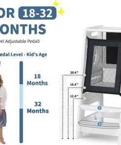 TOETOL Bamboo Toddler Kitchen Stool for Kids Step Stool - White Little Helper Tower Adjustable Height with Learning Black & White Activity Board - 3