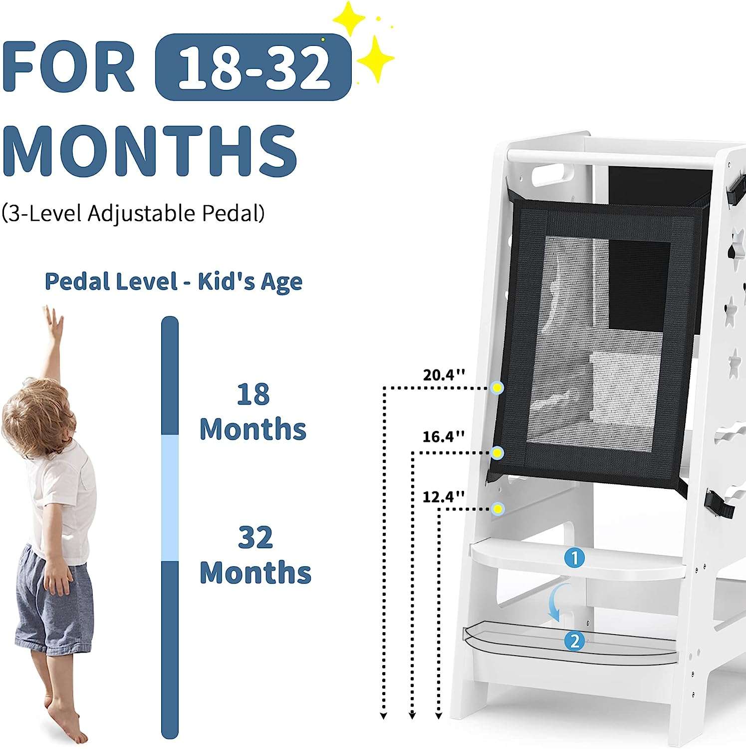TOETOL Bamboo Toddler Kitchen Stool for Kids Step Stool - White Little Helper Tower Adjustable Height with Learning Black & White Activity Board - 3
