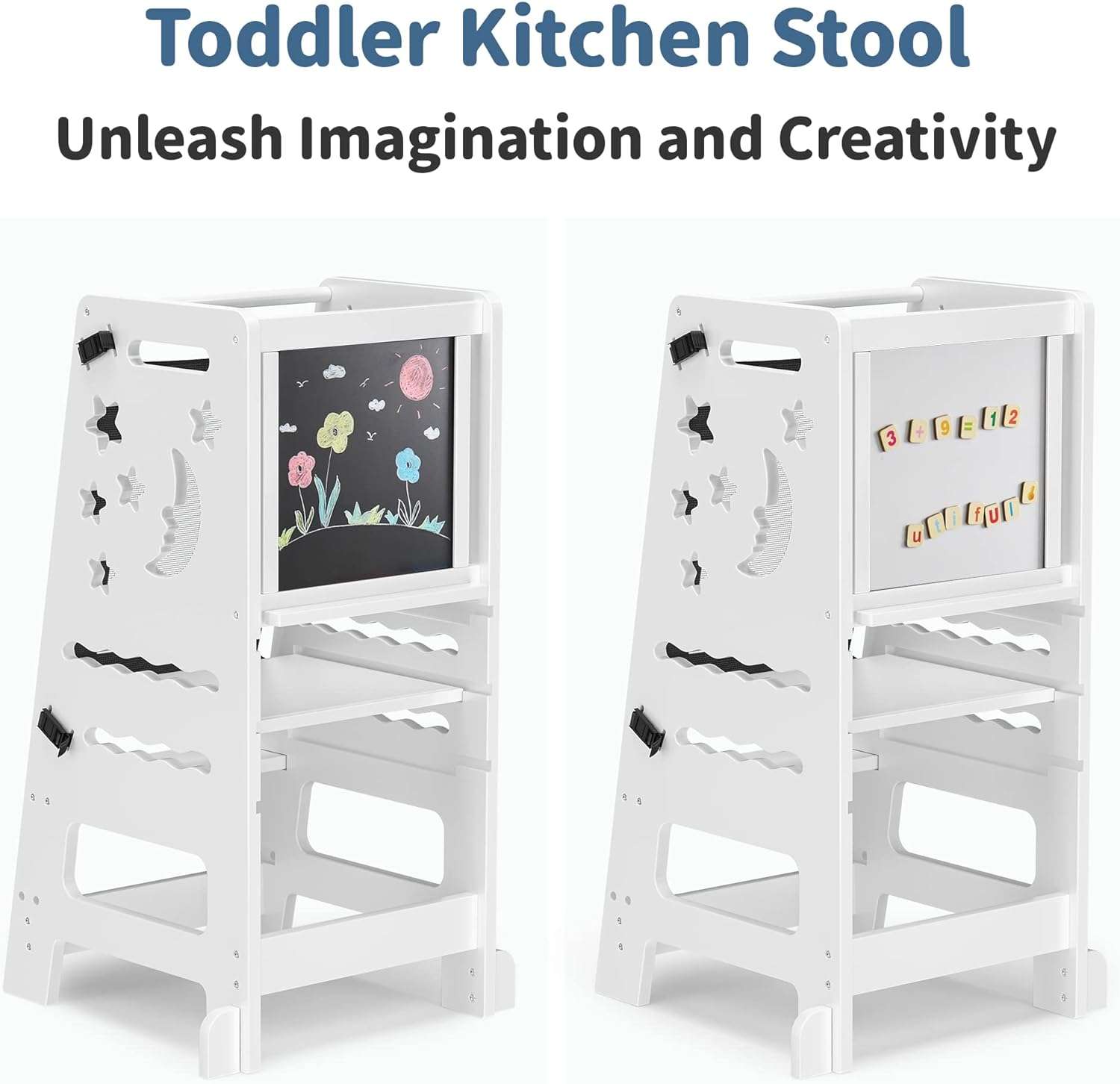TOETOL Bamboo Toddler Kitchen Stool for Kids Step Stool - White Little Helper Tower Adjustable Height with Learning Black & White Activity Board - 4