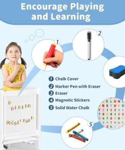 TOETOL Bamboo Toddler Kitchen Stool for Kids Step Stool - White Little Helper Tower Adjustable Height with Learning Black & White Activity Board - 5