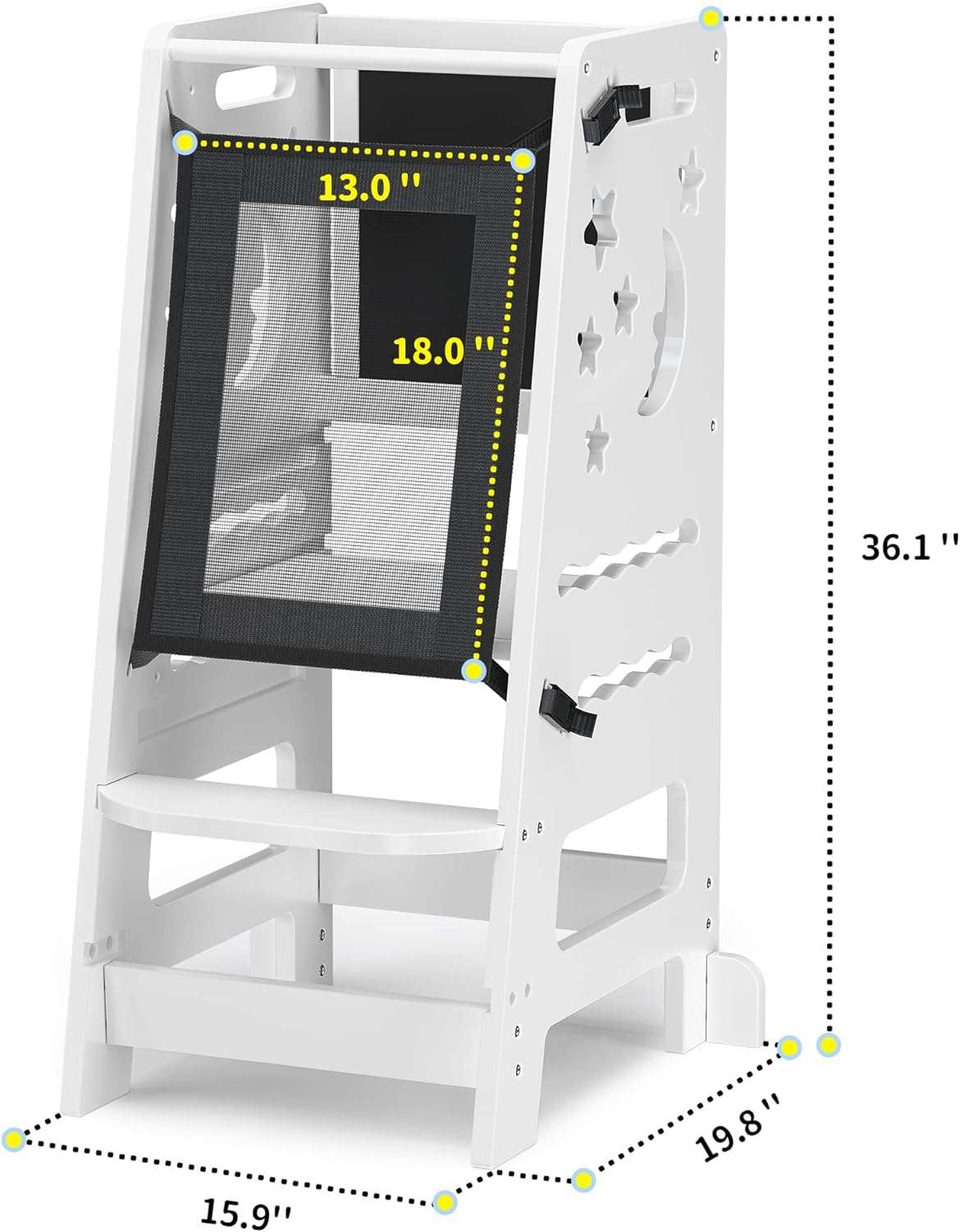 TOETOL Bamboo Toddler Kitchen Stool for Kids Step Stool - White Little Helper Tower Adjustable Height with Learning Black & White Activity Board - 8