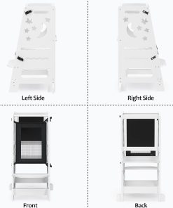 TOETOL Bamboo Toddler Kitchen Stool for Kids Step Stool - White Little Helper Tower Adjustable Height with Learning Black & White Activity Board - 9
