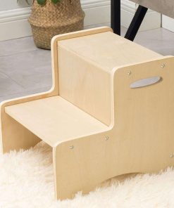 WOOD CITY Wooden Toddler Step Stool for Kids, Bathroom Potty Stool & Kitchen Stool, Natural Two Step Stool for Bedroom, Children's Stool with Handles and Safety Non-Slip Pads - 1
