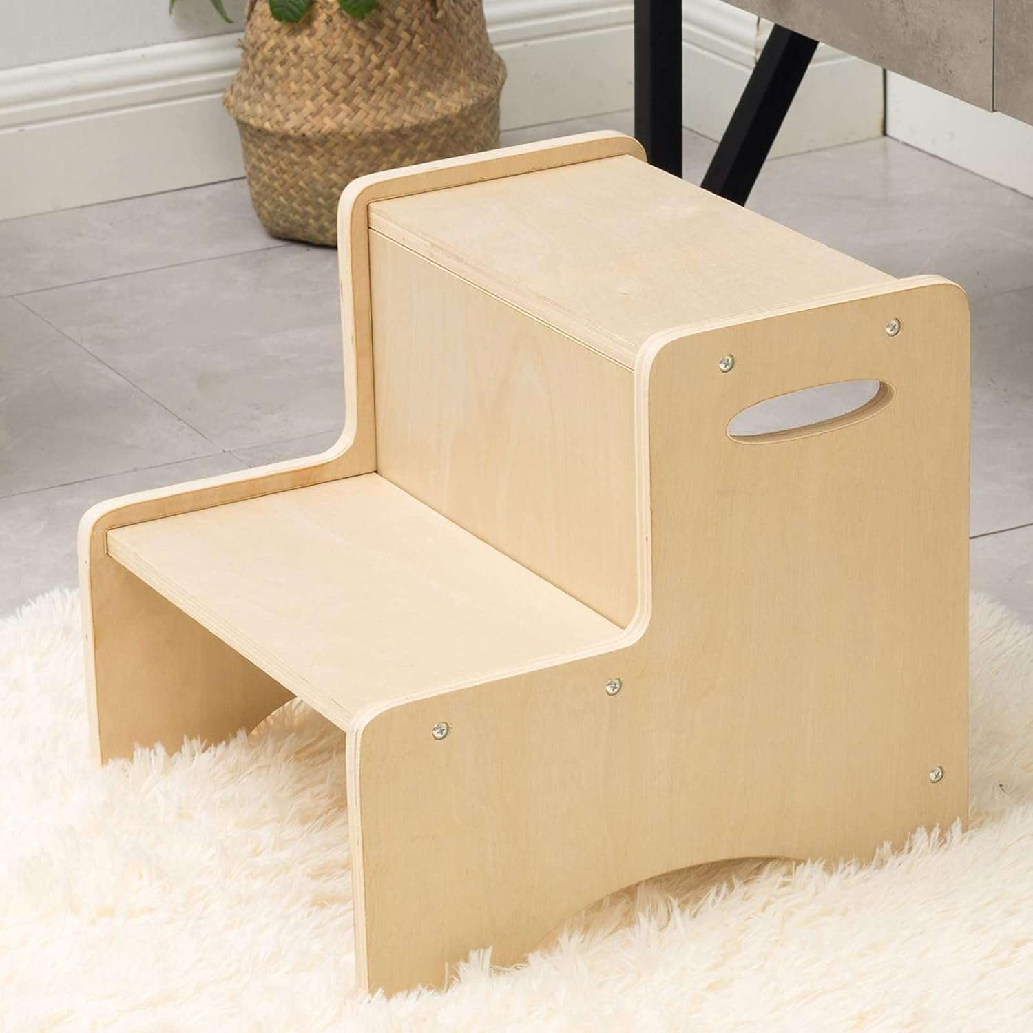 WOOD CITY Wooden Toddler Step Stool for Kids, Bathroom Potty Stool & Kitchen Stool, Natural Two Step Stool for Bedroom, Children's Stool with Handles and Safety Non-Slip Pads - 1