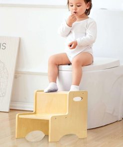 WOOD CITY Wooden Toddler Step Stool for Kids, Bathroom Potty Stool & Kitchen Stool, Natural Two Step Stool for Bedroom, Children's Stool with Handles and Safety Non-Slip Pads - 2