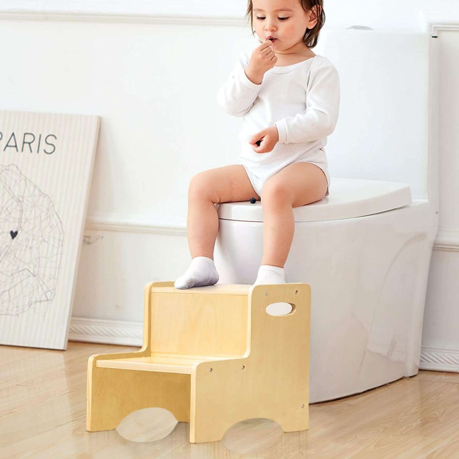 WOOD CITY Wooden Toddler Step Stool for Kids, Bathroom Potty Stool & Kitchen Stool, Natural Two Step Stool for Bedroom, Children's Stool with Handles and Safety Non-Slip Pads - 2