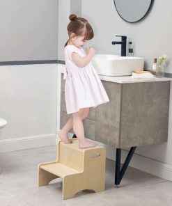 WOOD CITY Wooden Toddler Step Stool for Kids, Bathroom Potty Stool & Kitchen Stool, Natural Two Step Stool for Bedroom, Children's Stool with Handles and Safety Non-Slip Pads - 3