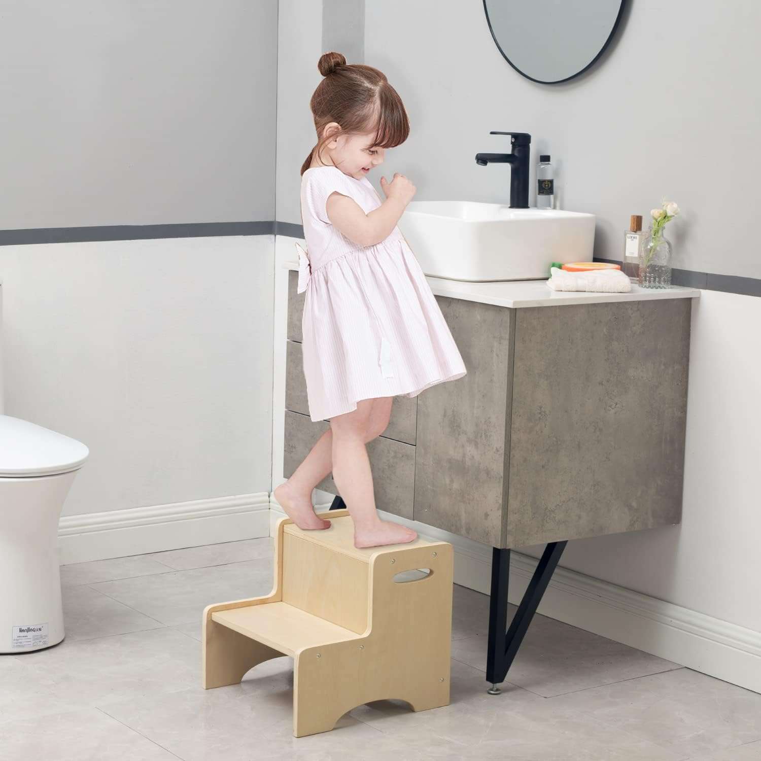 WOOD CITY Wooden Toddler Step Stool for Kids, Bathroom Potty Stool & Kitchen Stool, Natural Two Step Stool for Bedroom, Children's Stool with Handles and Safety Non-Slip Pads - 3