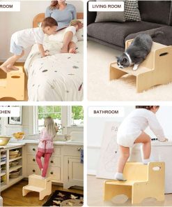 WOOD CITY Wooden Toddler Step Stool for Kids, Bathroom Potty Stool & Kitchen Stool, Natural Two Step Stool for Bedroom, Children's Stool with Handles and Safety Non-Slip Pads - 4
