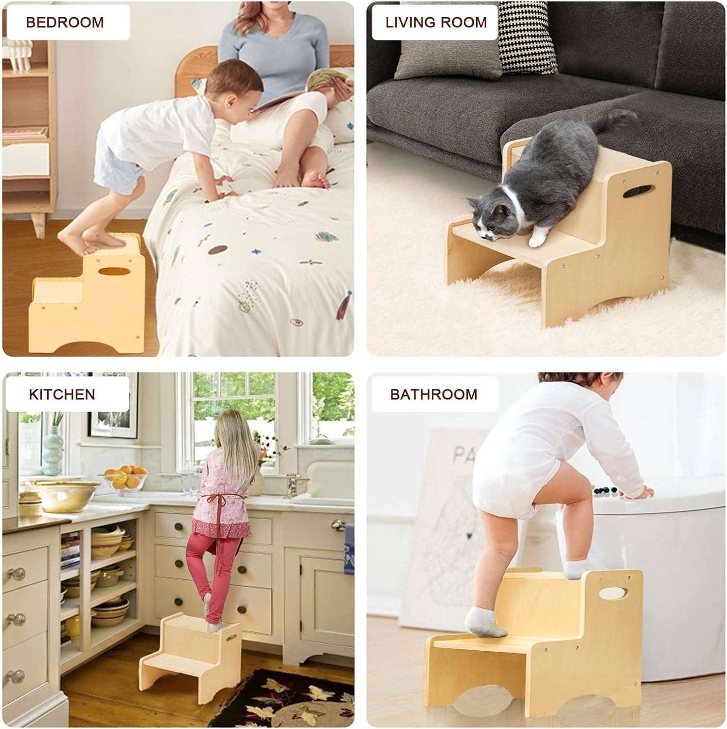 WOOD CITY Wooden Toddler Step Stool for Kids, Bathroom Potty Stool & Kitchen Stool, Natural Two Step Stool for Bedroom, Children's Stool with Handles and Safety Non-Slip Pads - 4