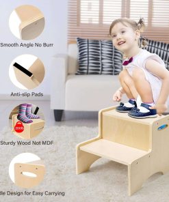 WOOD CITY Wooden Toddler Step Stool for Kids, Bathroom Potty Stool & Kitchen Stool, Natural Two Step Stool for Bedroom, Children's Stool with Handles and Safety Non-Slip Pads - 6