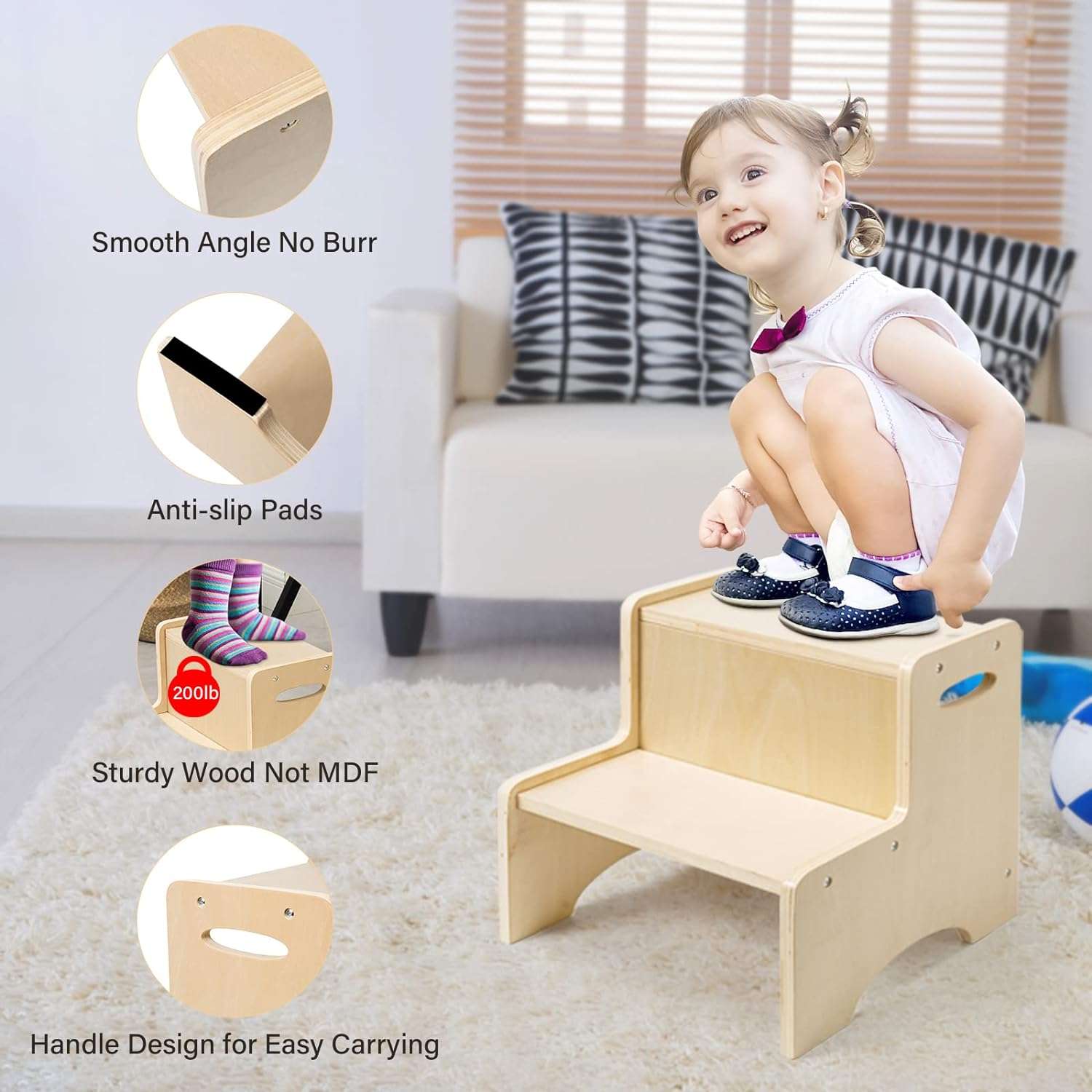 WOOD CITY Wooden Toddler Step Stool for Kids, Bathroom Potty Stool & Kitchen Stool, Natural Two Step Stool for Bedroom, Children's Stool with Handles and Safety Non-Slip Pads - 6