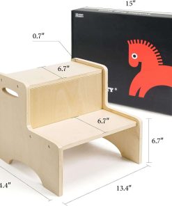 WOOD CITY Wooden Toddler Step Stool for Kids, Bathroom Potty Stool & Kitchen Stool, Natural Two Step Stool for Bedroom, Children's Stool with Handles and Safety Non-Slip Pads - 7