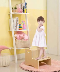 WOOD CITY Wooden Toddler Step Stool for Kids, Bathroom Potty Stool & Kitchen Stool, Natural Two Step Stool for Bedroom, Children's Stool with Handles and Safety Non-Slip Pads - 8