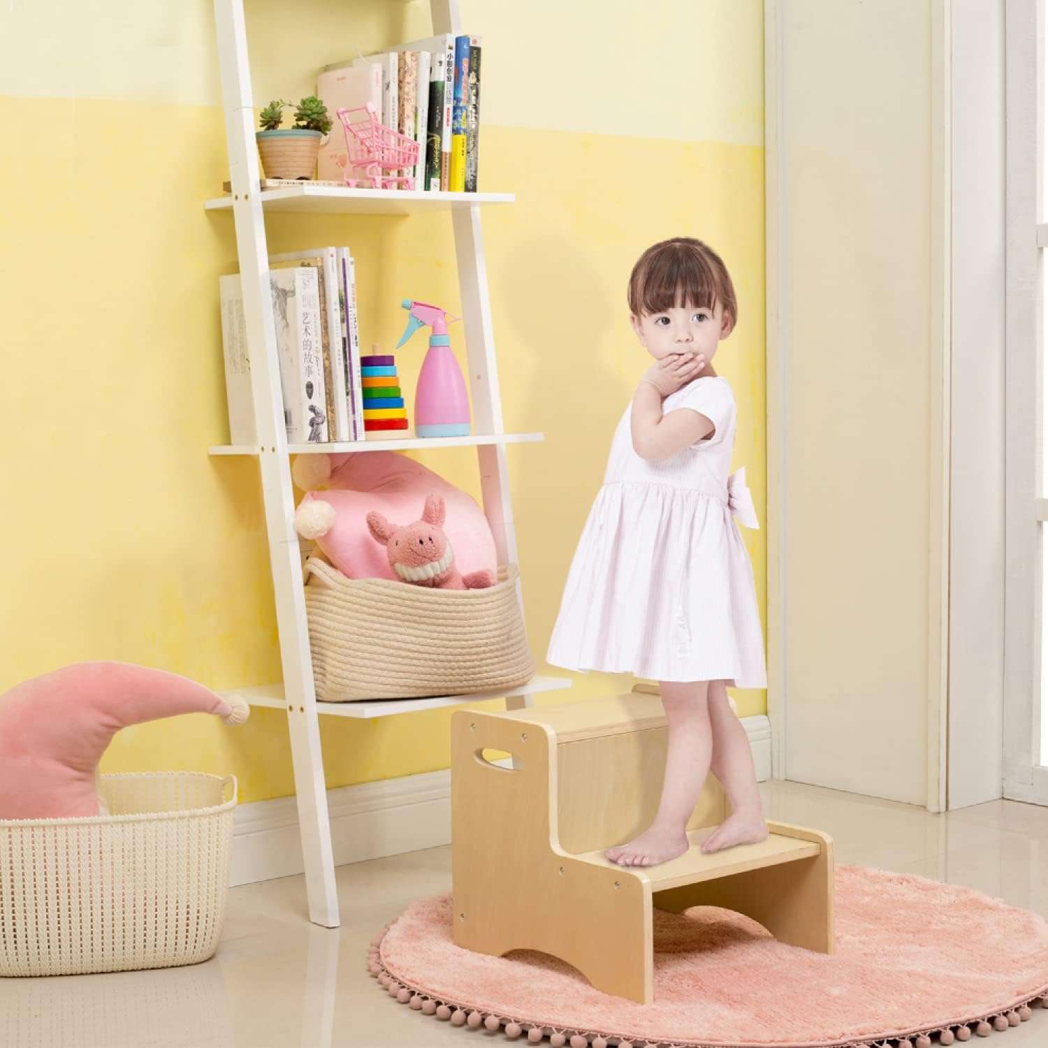 WOOD CITY Wooden Toddler Step Stool for Kids, Bathroom Potty Stool & Kitchen Stool, Natural Two Step Stool for Bedroom, Children's Stool with Handles and Safety Non-Slip Pads - 8