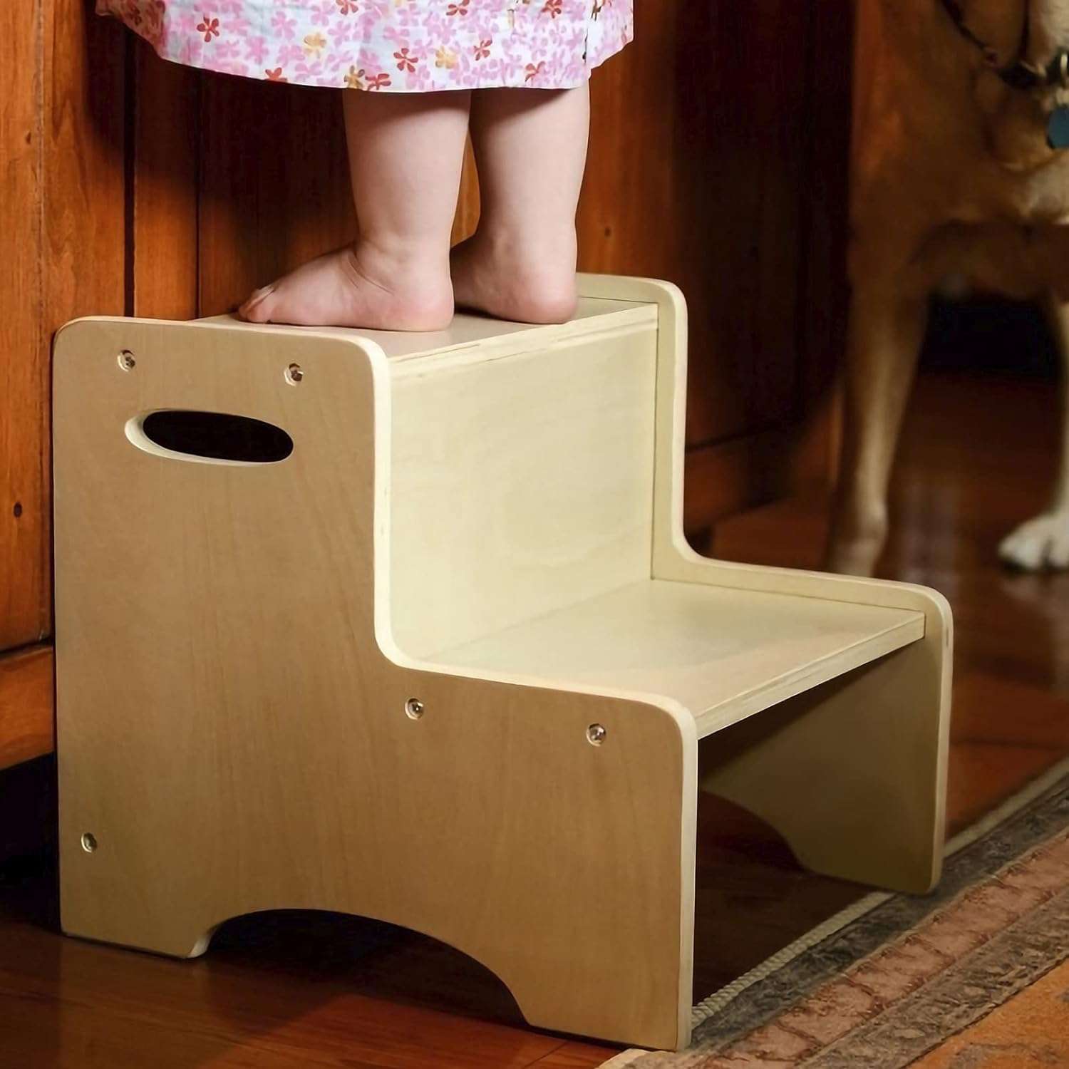 WOOD CITY Wooden Toddler Step Stool for Kids, Bathroom Potty Stool & Kitchen Stool, Natural Two Step Stool for Bedroom, Children's Stool with Handles and Safety Non-Slip Pads - 9