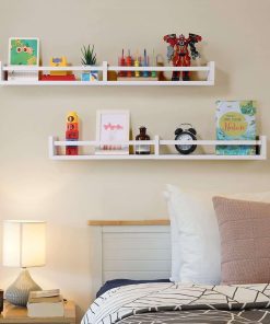 Austin yan White Nursery Bookshelves Wall Mounted, 32inch,Wood Floating Wall Bookshelf for Kids,Hanging Shelf for Baby Nursery Room Decor,Set of 2,Pine - 4