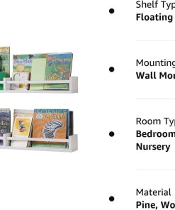 Austin yan White Nursery Bookshelves Wall Mounted, 32inch,Wood Floating Wall Bookshelf for Kids,Hanging Shelf for Baby Nursery Room Decor,Set of 2,Pine - 8
