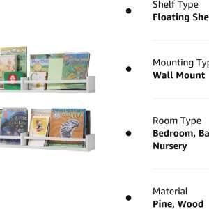 Austin yan White Nursery Bookshelves Wall Mounted, 32inch,Wood Floating Wall Bookshelf for Kids,Hanging Shelf for Baby Nursery Room Decor,Set of 2,Pine - 8