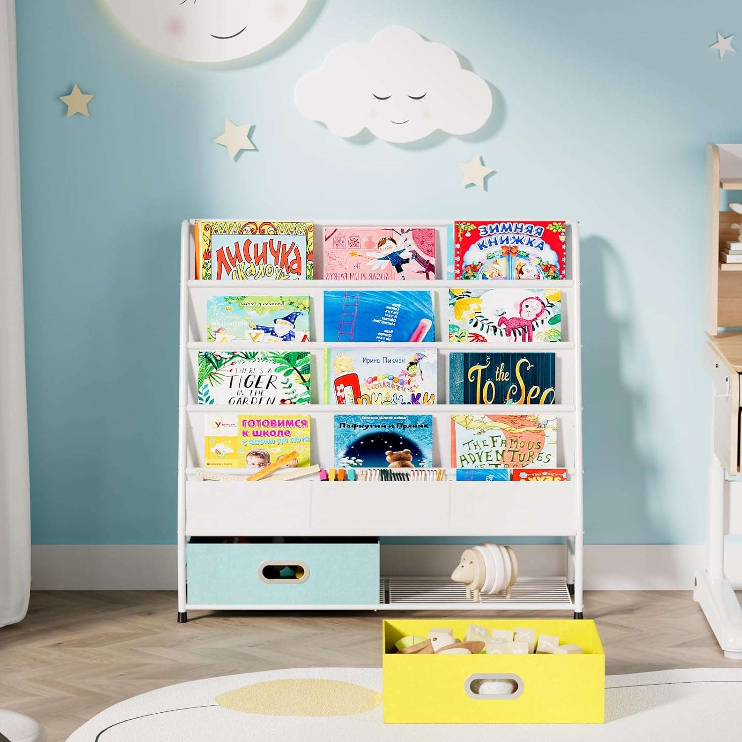 Coonoor Kids Bookshelf - 4 Tier Small Bookcase for Kids Room, Metal Nursery Book Shelf, Sling Book Shelf and Toy Storage for Children, Idea Gifts for Boys and Girls - 3