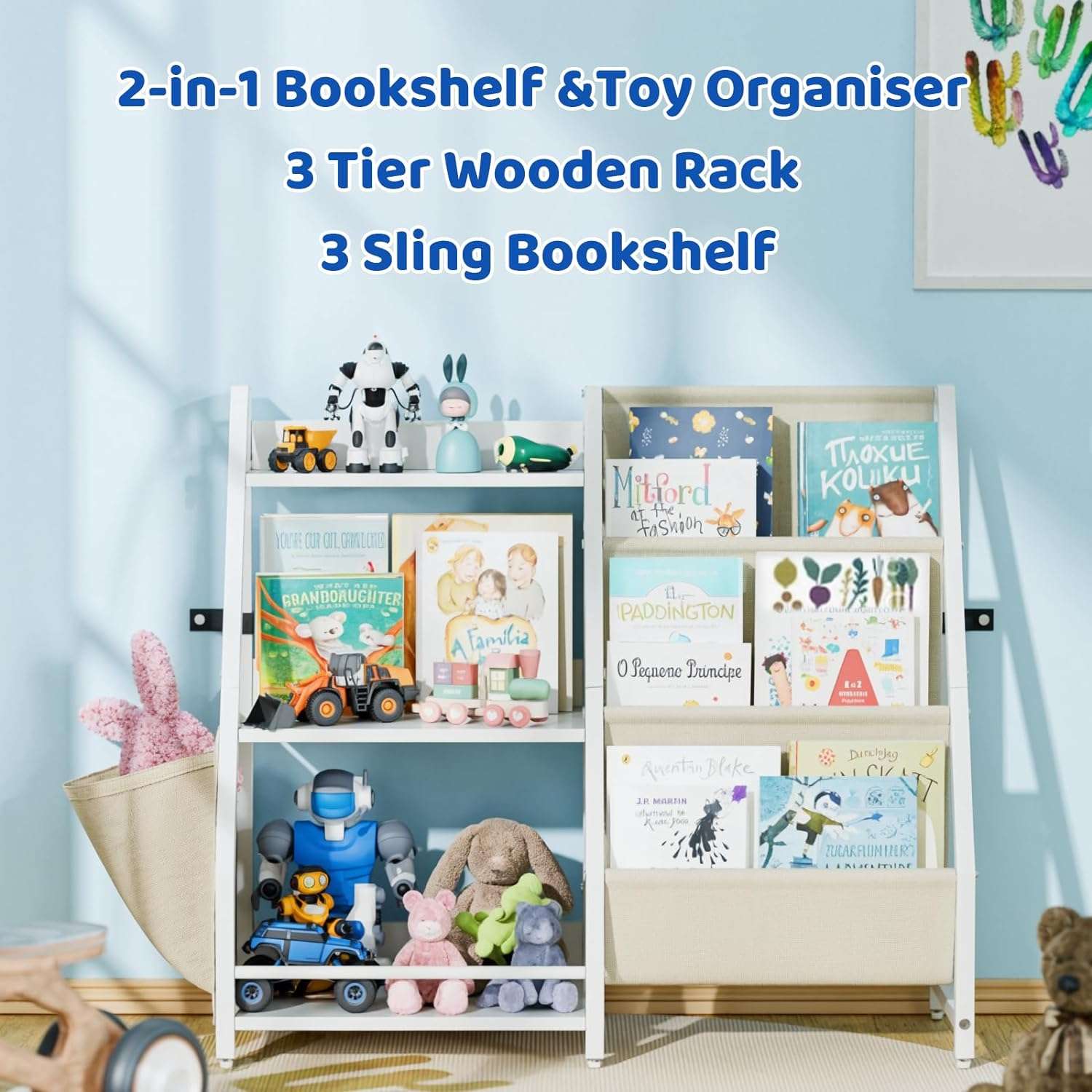 Kids Bookshelf and Toy Organizer, 3 Tier Bookshelf for Kids, Montessori Bookcase Book Shelf for Kids Rooms, Bedroom, Playroom, Nursery, Toy Storage Organizer with Bookshelf - 3