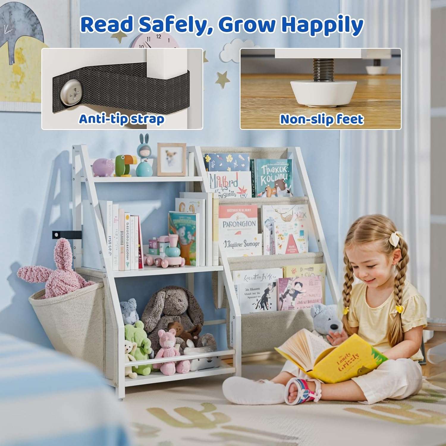 Kids Bookshelf and Toy Organizer, 3 Tier Bookshelf for Kids, Montessori Bookcase Book Shelf for Kids Rooms, Bedroom, Playroom, Nursery, Toy Storage Organizer with Bookshelf - 4