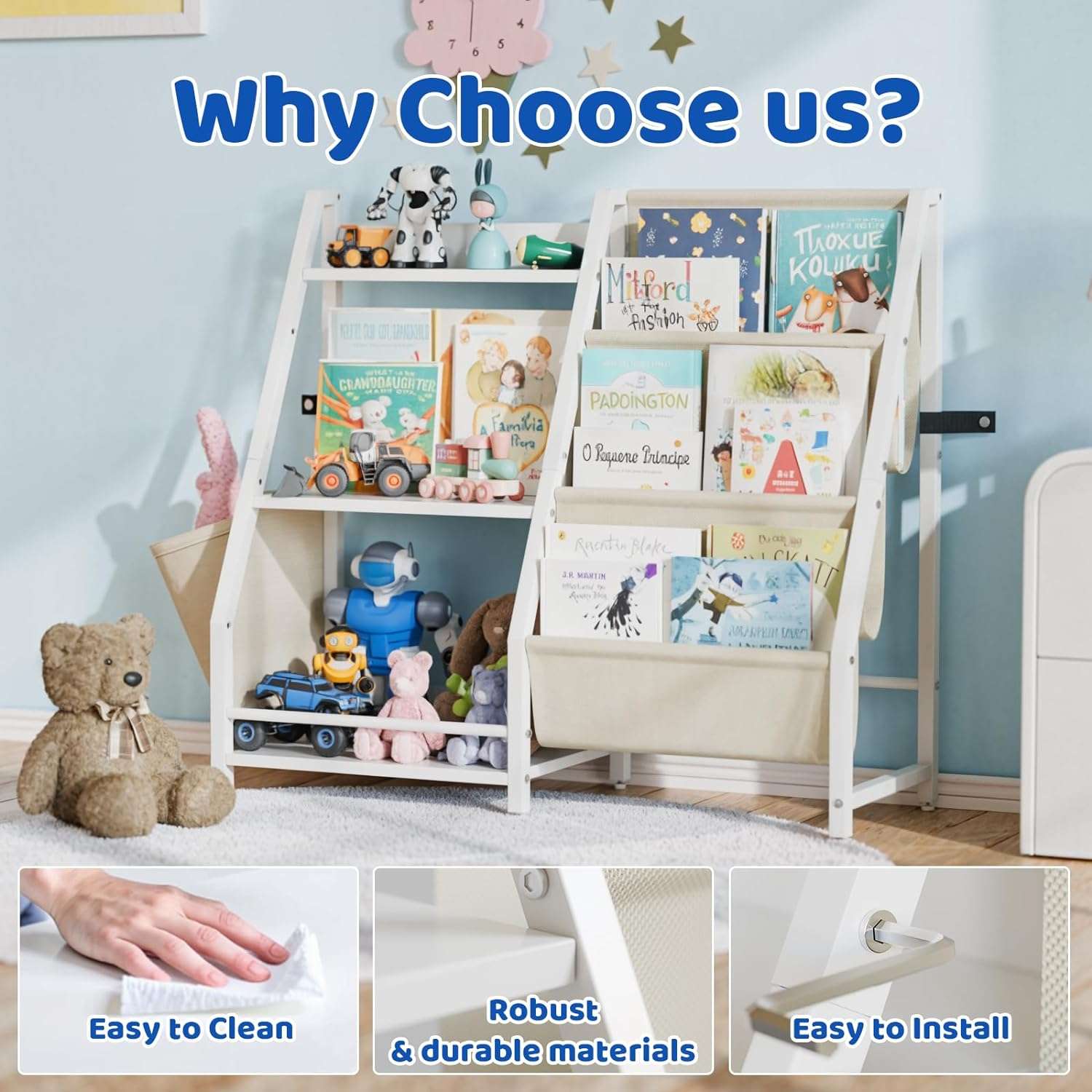 Kids Bookshelf and Toy Organizer, 3 Tier Bookshelf for Kids, Montessori Bookcase Book Shelf for Kids Rooms, Bedroom, Playroom, Nursery, Toy Storage Organizer with Bookshelf - 5