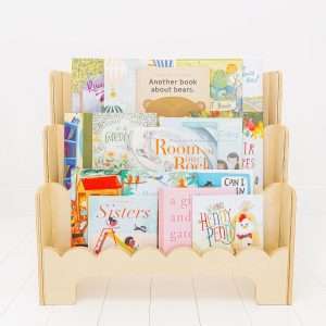 Wooden Kids Bookshelf w-Scalloped Edges - Perfect Height 3-Tier Montessori Bookshelf for Kids - Durable Childrens Bookcase for Kids Room or Playroom - Toddler Bookshelf Rack - 1