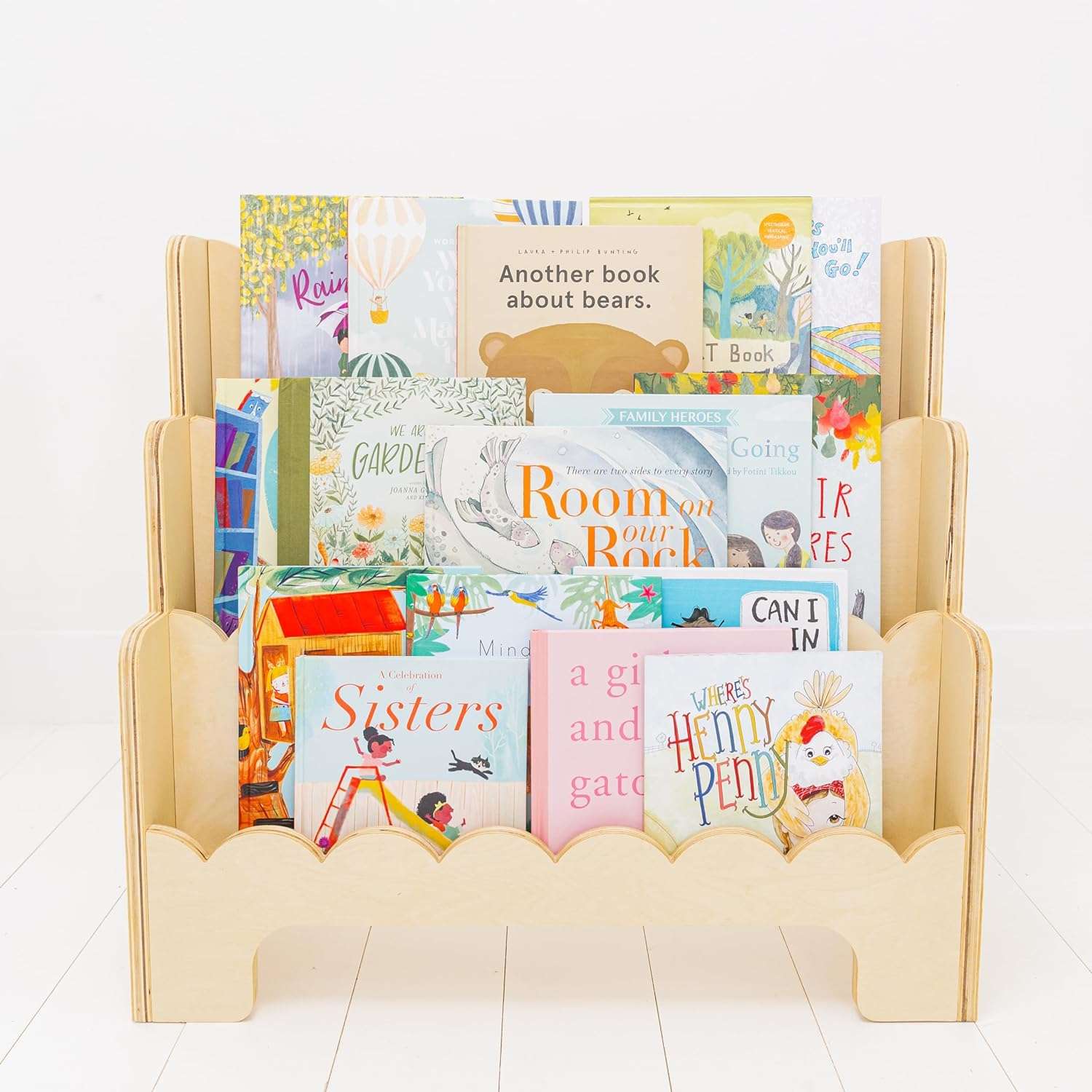 Wooden Kids Bookshelf w-Scalloped Edges - Perfect Height 3-Tier Montessori Bookshelf for Kids - Durable Childrens Bookcase for Kids Room or Playroom - Toddler Bookshelf Rack - 1