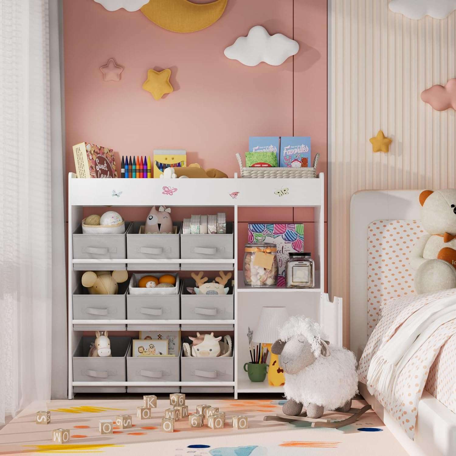 BOTLOG Kids Bookshelf, Toy Storage Organizer with Bookcase, Children's Toy Shelf with 9 Bins for Children's Room, Playroom, Hallway, Kindergarten, School White - 2