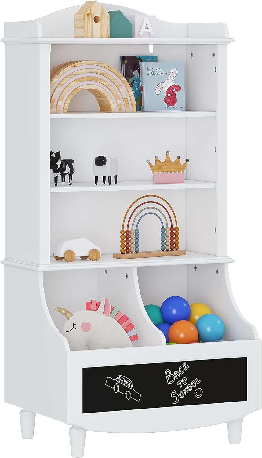 UTEX Kids Toy Storage, Kids Bookshelf and Toy Organizer Cabinet, Kids Bookcase with Blackboard and Cubbies, Open Kids Bookshelves Display Stand for Toddlers, White - 1