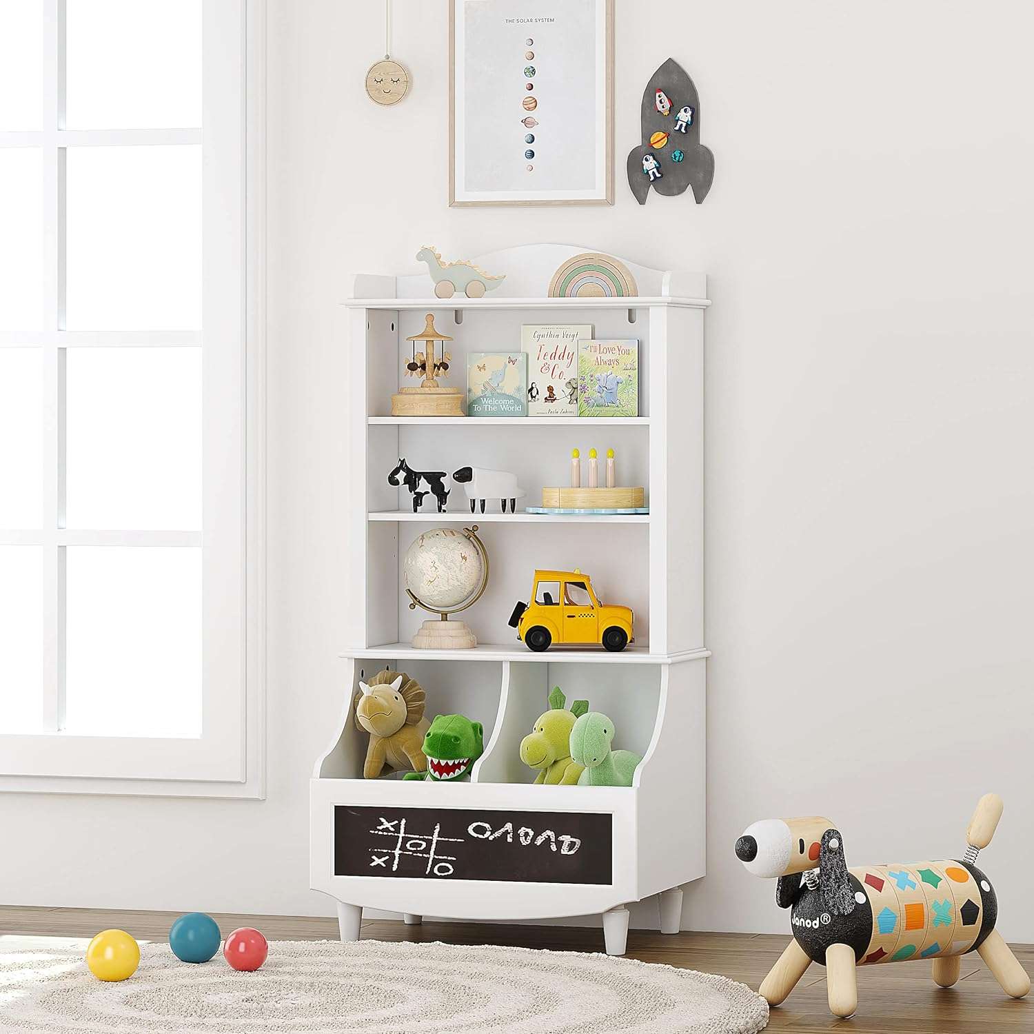 UTEX Kids Toy Storage, Kids Bookshelf and Toy Organizer Cabinet, Kids Bookcase with Blackboard and Cubbies, Open Kids Bookshelves Display Stand for Toddlers, White - 2