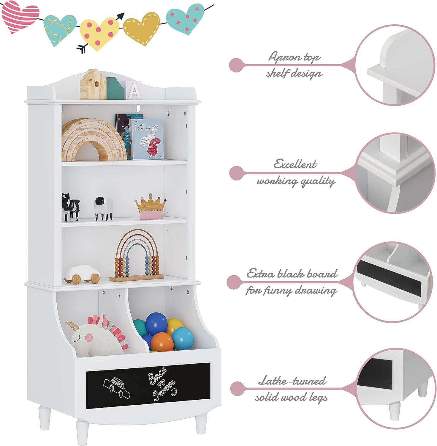 UTEX Kids Toy Storage, Kids Bookshelf and Toy Organizer Cabinet, Kids Bookcase with Blackboard and Cubbies, Open Kids Bookshelves Display Stand for Toddlers, White - 4