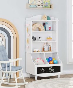 UTEX Kids Toy Storage, Kids Bookshelf and Toy Organizer Cabinet, Kids Bookcase with Blackboard and Cubbies, Open Kids Bookshelves Display Stand for Toddlers, White - 6
