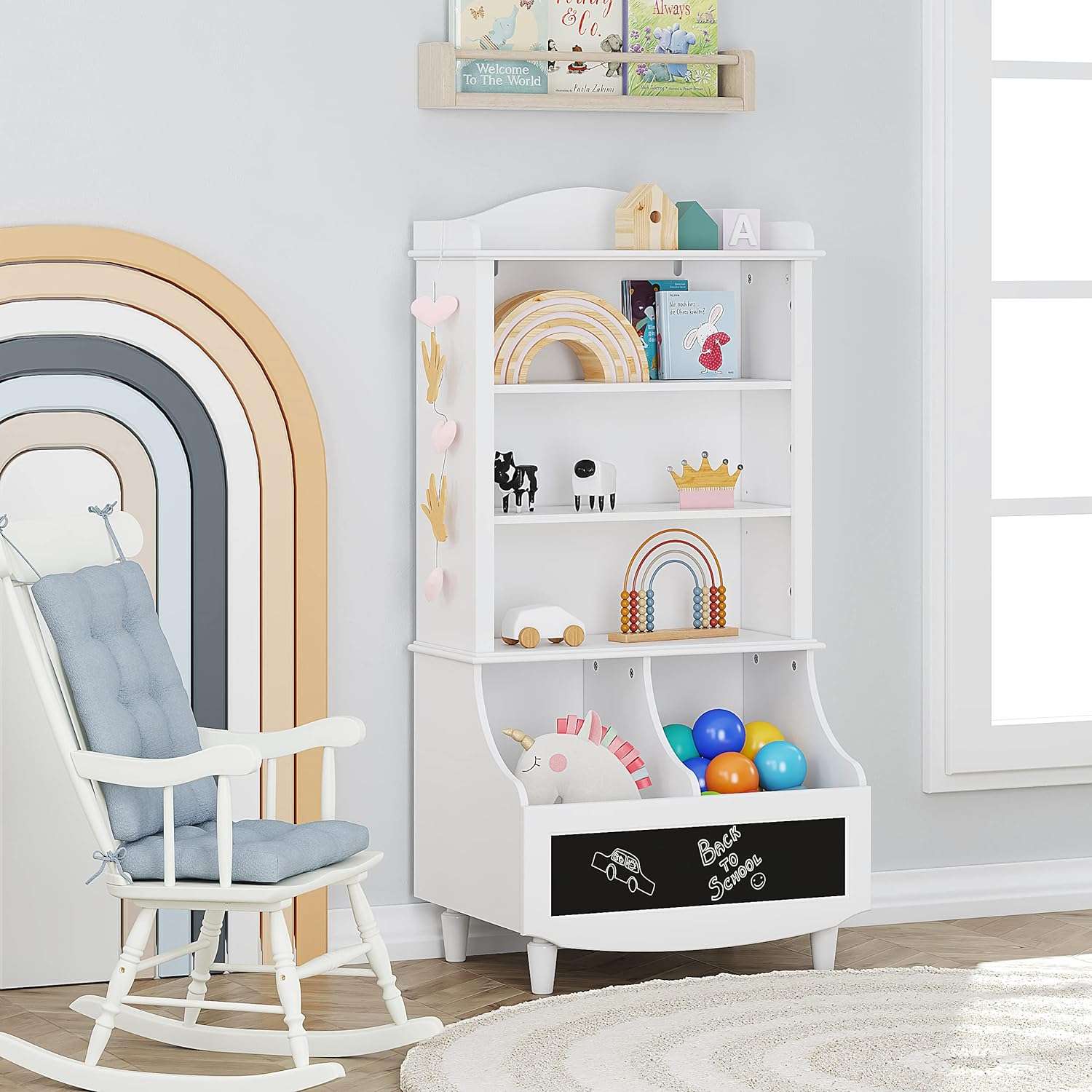 UTEX Kids Toy Storage, Kids Bookshelf and Toy Organizer Cabinet, Kids Bookcase with Blackboard and Cubbies, Open Kids Bookshelves Display Stand for Toddlers, White - 6