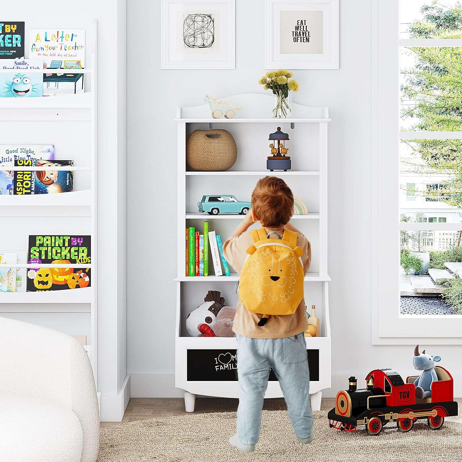 UTEX Kids Toy Storage, Kids Bookshelf and Toy Organizer Cabinet, Kids Bookcase with Blackboard and Cubbies, Open Kids Bookshelves Display Stand for Toddlers, White - 7