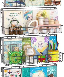 Wall Mounted Metal Kids Bookshelf, Floating Book Shelves for Kids Nursery Toddler Classroom, Hanging Book Shelf Organizer for Room Decor, Black, Set of 4 - 1
