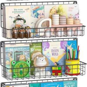 Wall Mounted Metal Kids Bookshelf, Floating Book Shelves for Kids Nursery Toddler Classroom, Hanging Book Shelf Organizer for Room Decor, Black, Set of 4 - 1