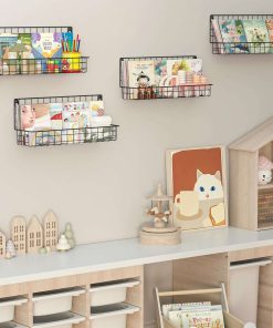 Wall Mounted Metal Kids Bookshelf, Floating Book Shelves for Kids Nursery Toddler Classroom, Hanging Book Shelf Organizer for Room Decor, Black, Set of 4 - 5